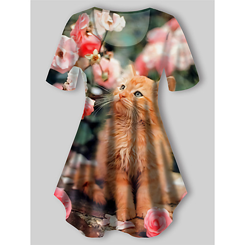 

Women's Plus Size Print Floral Cat Graphic T shirt Large Size Crewneck Short Sleeve Basic Tops XL XXL 3XL Green Big Size