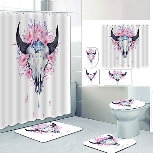 

Sakura Cow Head Digital Printing Four-piece Set Shower Curtains and Hooks Modern Polyester Machine Made Waterproof Bathroom