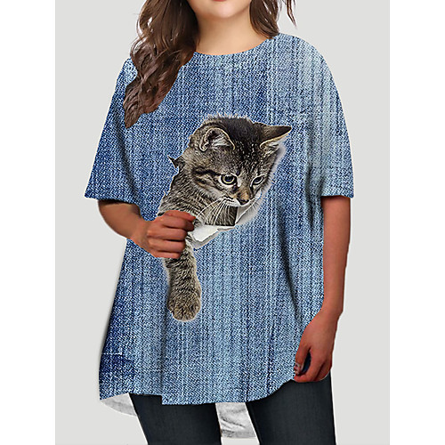 

Women's Plus Size Cat Graphic Animal Print Basic Half Sleeve Fall Short Mini Dress T Shirt Dress Tee Dress Blue Sky Blue
