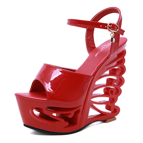 

Women's Sandals Wedge Heel Round Toe PU Buckle Solid Colored White Black Red