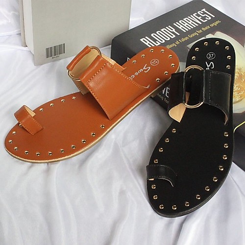 

Women's Sandals Flat Heel Round Toe PU Beading Solid Colored Light Brown Black