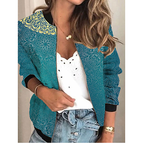 

Women's Jackets Color Block Print Sporty Fall Jacket Regular Daily Long Sleeve Air Layer Fabric Coat Tops Blue