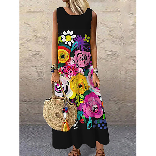 

Women's Shift Dress Maxi long Dress Rainbow Sleeveless Floral Print Print Spring Summer Round Neck Casual 2021 S M L XL XXL 3XL