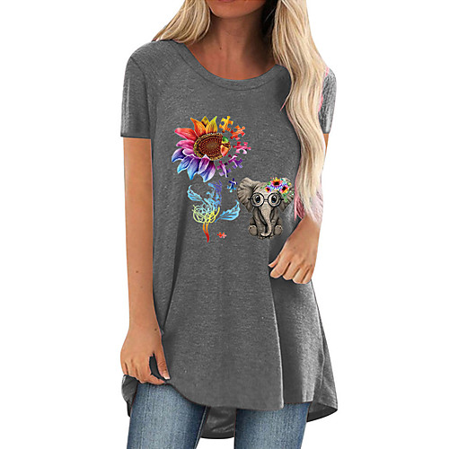 

amazon 2021 summer hot sale sunflower elephant print casual large size long round neck short sleeve t-shirt women