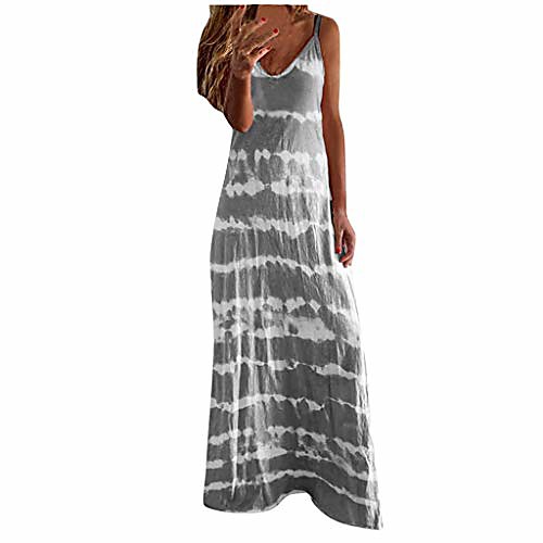 

cooki women dresses women's summer plus size loose v neck tie dye print dress summer tank top dress beach tunics long dress gray