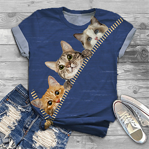 

Women's Plus Size Print Cat Graphic Animal T shirt Large Size Crewneck Short Sleeve Basic Tops XL XXL 3XL White Black Blue Big Size