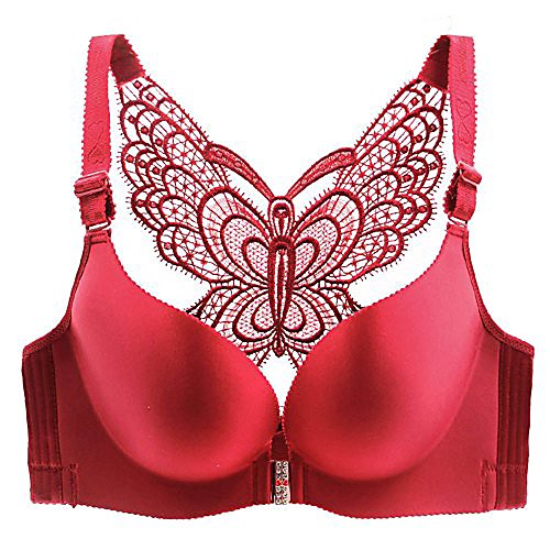 

women plus size front-button butterfly beauty back push -up sleek gather wireless bras(orde two size bigger) wine red