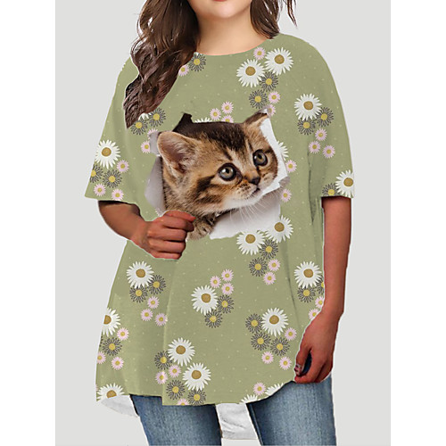 

Women's Plus Size Dresses T Shirt Dress Tee Dress Short Mini Dress Half Sleeve Cat Graphic Animal Print Basic Fall Green XL XXL 3XL 4XL 5XL / Holiday