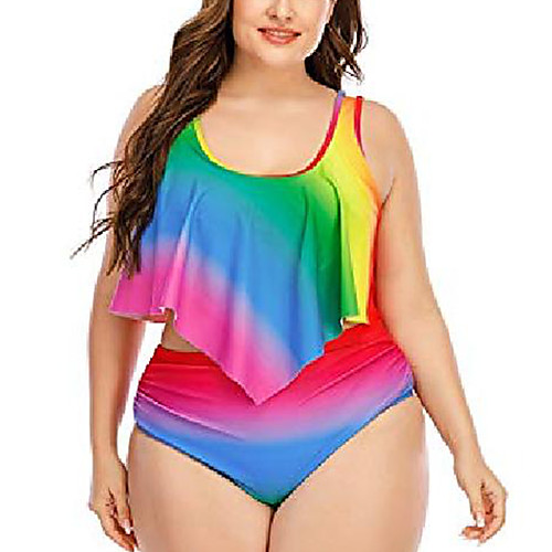 

wellwits women's plus size rainbow gradient color ruffle top bikini set swimsuit xl