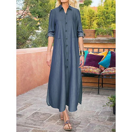 

Women's Denim Dress Maxi long Dress Light Blue Long Sleeve Solid Color Backless Split Lace Spring Summer Round Neck Casual 2021 M L XL XXL XXXL