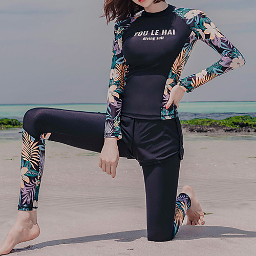 

Women's Rash Guard Dive Skin Suit Spandex Swimwear Breathable Quick Dry Full Body 3-Piece - Swimming Surfing Water Sports Floral / Botanical Autumn / Fall Spring Summer