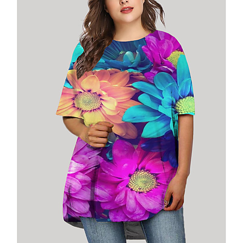 

Women's Plus Size Dresses T Shirt Dress Tee Dress Short Mini Dress Half Sleeve Floral Graphic Print Basic Fall Purple XL XXL 3XL 4XL 5XL / Holiday