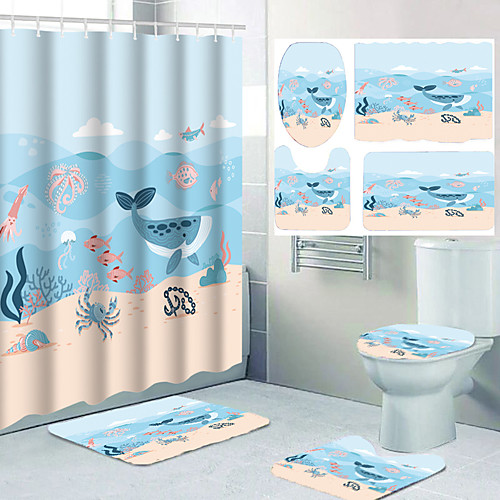 

Undersea Fish Ocean Theme Bathroom Waterproof Shower Curtain and Hook Cushion Four-piece Casual Decoration