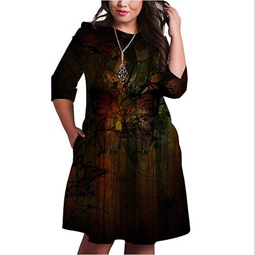 

Women's Plus Size Dresses T Shirt Dress Tee Dress Knee Length Dress 3/4 Length Sleeve Graphic Butterfly Animal Print Basic Fall Black XL XXL 3XL 4XL 5XL / Holiday