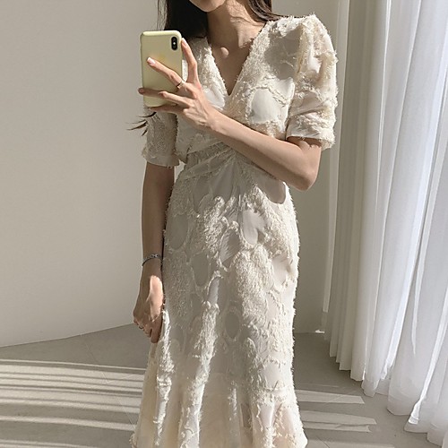 

Sheath / Column Minimalist Elegant Homecoming Cocktail Party Dress V Neck Half Sleeve Tea Length Lace with Ruffles 2021
