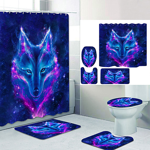 

Purple Snow Wolf Digital Printing Four-piece Set Shower Curtains and Hooks Modern Polyester Machine Made Waterproof Bathroom