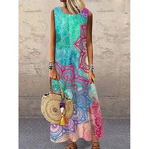 

Women's Shift Dress Maxi long Dress Blue Sleeveless Floral Print Print Spring Summer Round Neck Casual 2021 S M L XL XXL 3XL