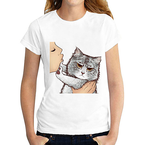 

Women's T shirt Cat Graphic Print Round Neck Tops Basic Basic Top White Black Dark Gray
