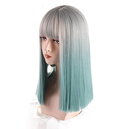 

Synthetic Wig Lady Silver Gray Gradient Aqua Blue Medium Length Straight Hair Cosplay Wigs with Bangs Heat-resistant