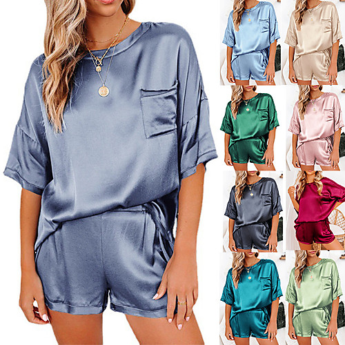 

Women's Daily Satin Chiffon EU / US Size Blouse Pant European Scoop Neck Suits Short Sleeve 2 Piece Spring & Summer Without Lining Plain S White / Shirt / Pocket