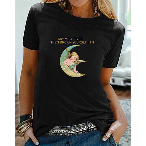 

Women's T shirt Angel Letter Print Round Neck Tops 100% Cotton Basic Basic Top Black