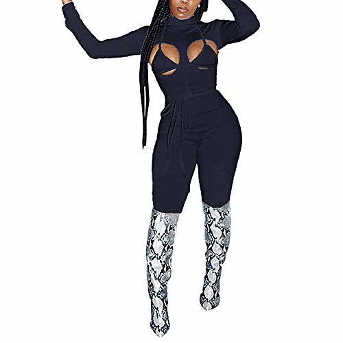 

women's sexy bodycon jumpsuits- long sleeve mock neck hollow out lace up solid color outfits romper