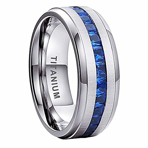 

8mm titanium rings for men women eternity wedding engagement bands blue princess cubic zirconia inlay beveled edges matte finish comfort fit