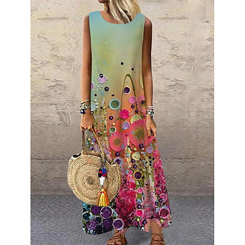

Women's Shift Dress Maxi long Dress Rainbow Light Blue Sleeveless Floral Print Print Spring Summer Round Neck Casual 2021 S M L XL XXL 3XL