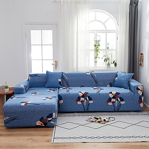 

Blue Floral Print Dustproof All-powerful Stretch L Shape Sofa Cover Super Soft Fabric Sofa Furniture Protector with One Free Boster Case