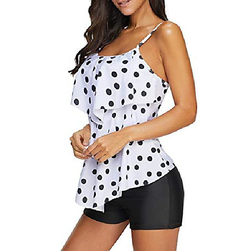 

women's two piece tankini ruffle dots printed swimsuits tummy control with boyshort bathing suit swimwear black dots s