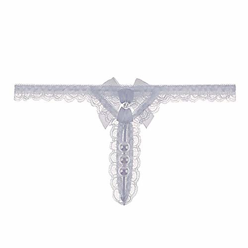 

sunhusing women's cutout pendant pearl beads embellished lace solid color sexy thong underpants white