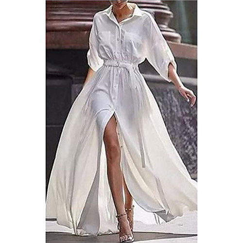 

Women's Swing Dress Maxi long Dress White Long Sleeve Solid Color Spring Summer Shirt Collar Casual 2021 S M L XL XXL