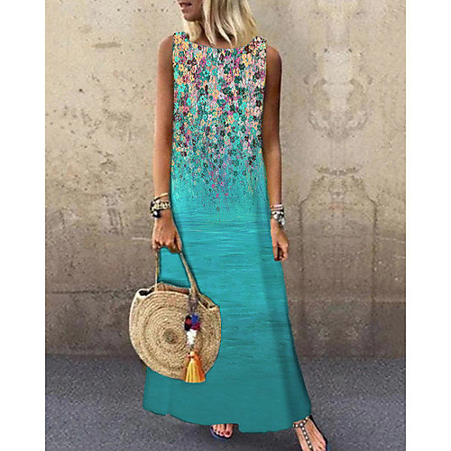 

Women's Shift Dress Maxi long Dress Blue Light Green Green Sleeveless Floral Print Spring Summer Round Neck Elegant Casual 2021 S M L XL XXL 3XL / Holiday