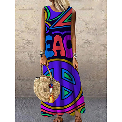 

Women's Shift Dress Maxi long Dress Navy Blue Sleeveless Print Color Block Geometric Print Spring Summer Round Neck Casual 2021 S M L XL XXL 3XL