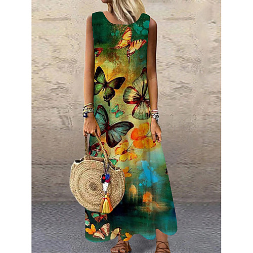 

Women's Shift Dress Maxi long Dress Green Sleeveless Print Animal Print Spring Summer Round Neck Casual 2021 S M L XL XXL 3XL