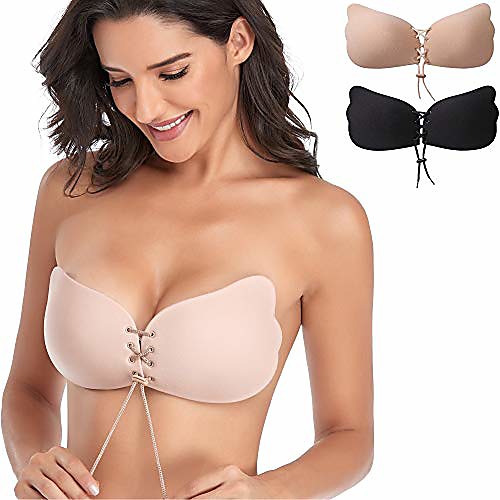 

iyy 2 pack push up sticky bra for women, invisible bra backless strapless bra adhesive bra reusable nipple covers(b cup, black and beige)