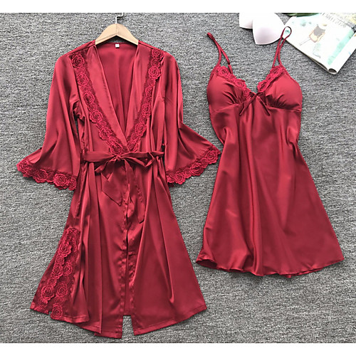 

Women's Home Spandex Asian Size everyday Straps Loungewear Long Sleeve Lace All Seasons S Red