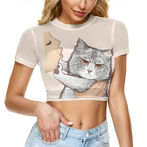 

Women's Crop Tshirt Cat Animal Mesh Print Round Neck Tops Basic Basic Top Dusty Rose Khaki Light gray