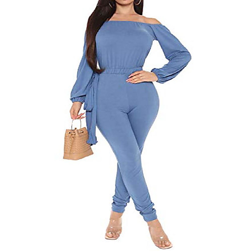 

perzeal womens off shoulder long sleeve jumpsuits sexy tied elastic waist bodycon rompers, elegant one piece bodysuit outfit for date (blue)