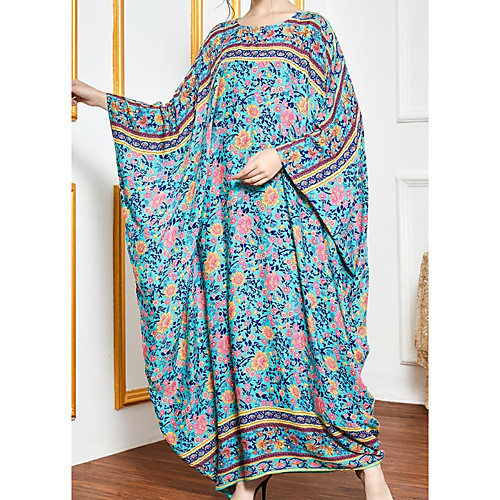 

Women's Kaftan Dress Maxi long Dress Blue Long Sleeve Floral Patchwork Summer Round Neck Casual 2021 One-Size