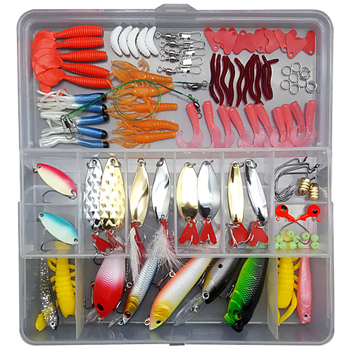 

104 pcs Lure kit Fishing Lures Hard Bait Soft Bait Spoons Minnow Pencil Popper Vibration / VIB lifelike 3D Eyes Bass Trout Pike Sea Fishing Lure Fishing Freshwater and Saltwater