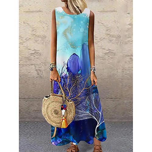 

Women's Shift Dress Maxi long Dress Blue Sleeveless Floral Print Print Spring Summer Round Neck Casual 2021 S M L XL XXL 3XL