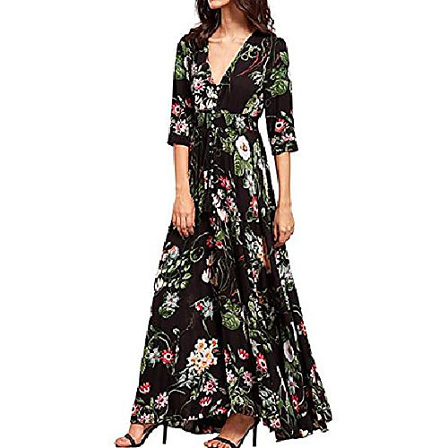 

summer boho maxi long dress for women, retro v-neck floral print button up split party beach flowy dresses (black half sleeve,xxl)