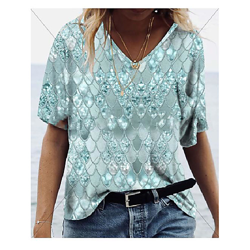 

Women's Plus Size Mermaid T shirt Large Size V Neck Short Sleeve Fashion Tops S M L Blue Purple Blushing Pink Big Size