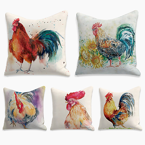 

Double Side Cushion Cover 5PC Linen Soft Decorative Square Throw Pillow Cover Cushion Case Pillowcase for Sofa Bedroom 45 x 45 cm (18 x 18 Inch) Superior Quality Machine Washable Print Cock Hen