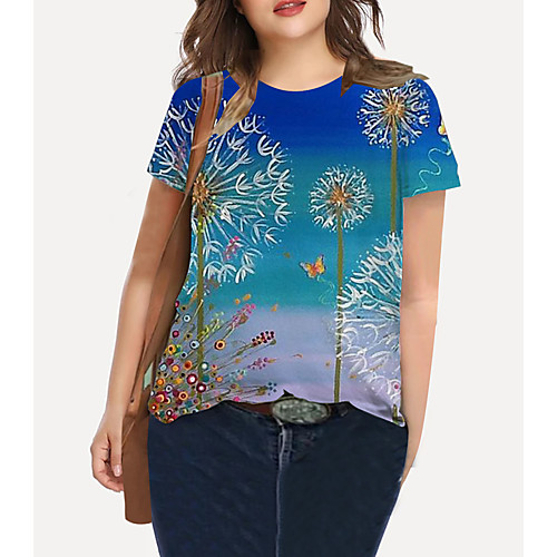 

Women's Plus Size Print Floral Graphic T shirt Large Size Crewneck Short Sleeve Basic Tops XL XXL 3XL Blue Big Size