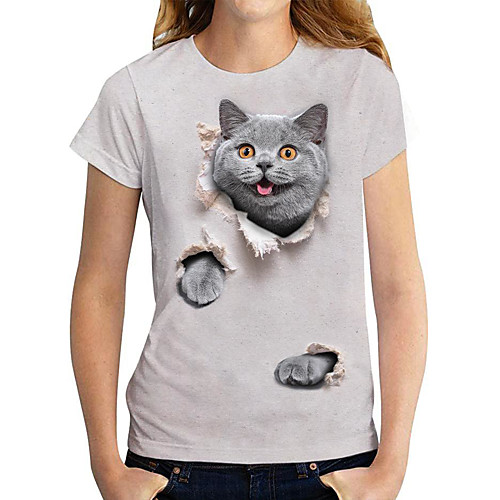 

Women's T shirt Cat 3D Animal Print Round Neck Tops Basic Basic Top Gray