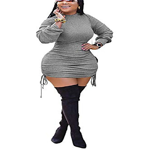 

bffbaby women sexy winter club ruched long sleeve drawstring mini bodycon dress