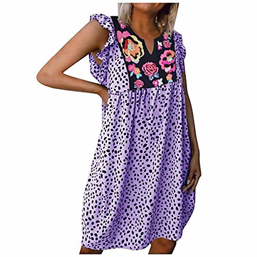 

women leopard splicing floral ruffled midi dresses summer beach sleeveless casual v neck swing mini dress tigivemen purple