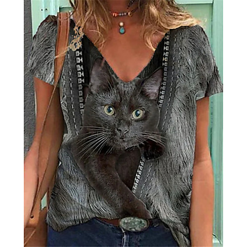 

Women's Cat T shirt Cat V Neck Tops Basic Basic Top Black
